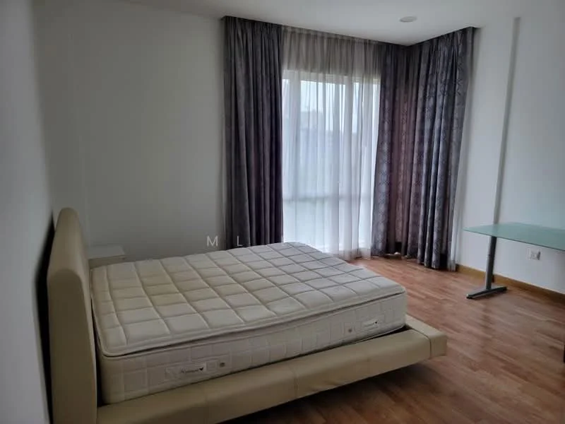 Bedroom features: queen-size bed without bedding, light wood flooring, white painted walls, floor-to-ceiling windows, sheer curtains, dark grey curtains, glass side table, minimalist design; style: modern.