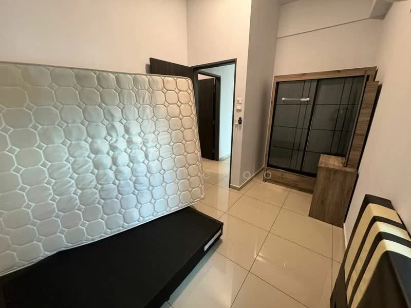Bedroom features: queen-size bed frame, mattress on bed frame, glossy tile flooring, white painted walls, built-in wardrobe with glass doors, wooden bedside table, door to hallway, light switch, power outlet; style: modern.