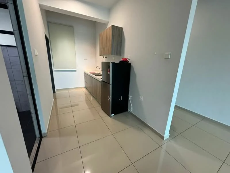 Kitchen features: light brown wooden cabinetry, single-bowl stainless-steel sink, chrome pull-down faucet, grey countertop, built-in fridge, ceramic tile flooring, white painted walls, window with sheer curtains, recessed downlights; style: modern. Room features: ceramic tile flooring, white painted walls.