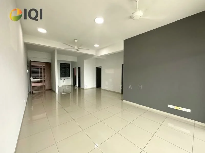 Living features: grey accent wall, white painted walls, glossy ceramic tile flooring, 2 ceiling fans, recessed downlights, open layout, large windows, doorways to other rooms; style: modern.