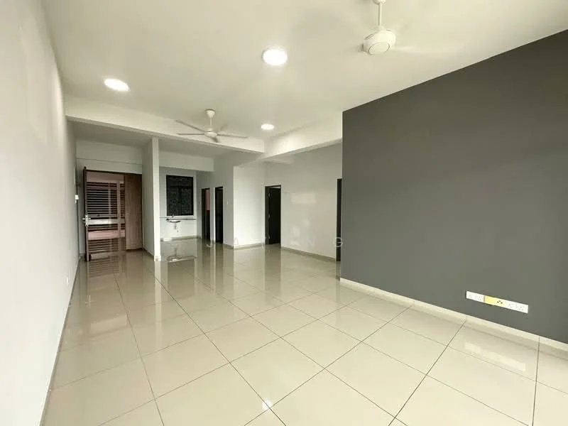 Living features: white painted walls, grey accent wall, glossy ceramic tile flooring, 2 ceiling fans, recessed downlights, open layout, large windows, doorways leading to other rooms; style: modern.
