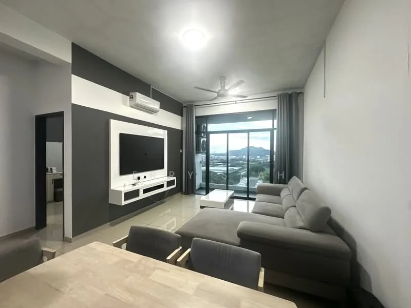 Living features: L-shape sectional sofa in grey, wall-mounted TV, TV console with storage, light-colored coffee table, recessed downlights, 5-blade ceiling fan, large floor-to-ceiling windows, curtains, glossy tile flooring, accent wall in dark grey, neutral wall color, mountain view; style: modern; view: mountain.