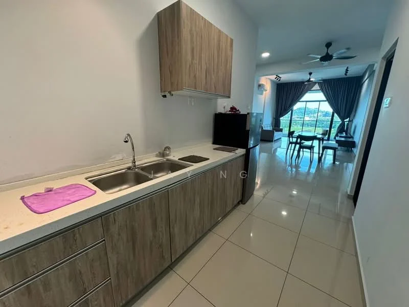 Kitchen features: double-bowl stainless-steel sink, chrome pull-down faucet, laminate countertop, wood cabinetry, built-in oven, freestanding range oven, black refrigerator, ceramic tile flooring, recessed downlights, wall-mounted split AC, window with city view, grey curtains; style: modern; view: city. Living features: 3-seater fabric sofa, coffee table, TV console, area rug, floor-to-ceiling windows, curtains; style: modern; view: city.
