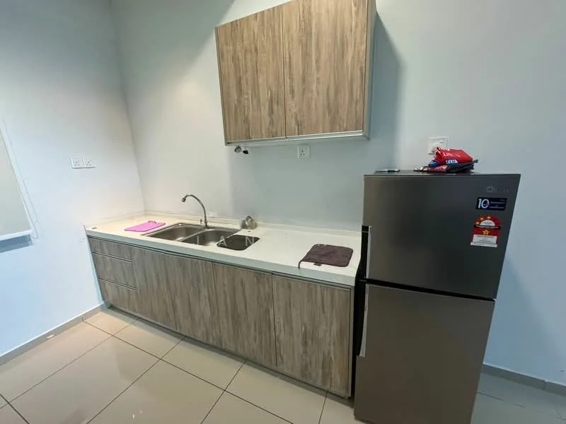 Kitchen features: single-bowl stainless-steel sink, chrome pull-down faucet, laminate countertop, wood cabinetry with light wood finish, stainless-steel fridge, ceramic tile flooring, white painted walls, wall-mounted cabinet; style: modern.