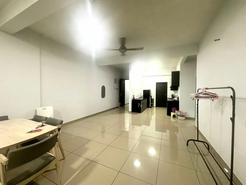 Living features: white painted walls, glossy ceramic tile flooring, ceiling fan, recessed downlights, dining table with chairs, open layout, kitchen island visible, clothes rack, kitchen cabinetry visible; style: modern.