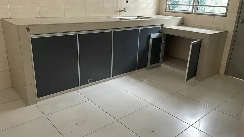 Kitchen features: L-shaped kitchen countertop, grey cabinetry with sliding doors, single-bowl stainless-steel sink, chrome faucet, white tiled walls, white tiled flooring, window for natural light, built-in storage space; style: modern.