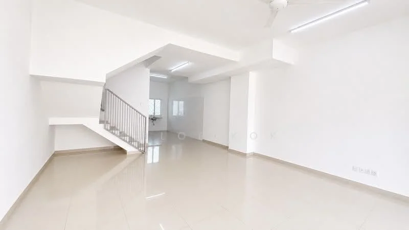 Room features: white painted walls, glossy ceramic tile flooring, ceiling fan, staircase with metal railing, large windows for natural light, open layout, neutral color scheme, recessed lighting; style: modern.