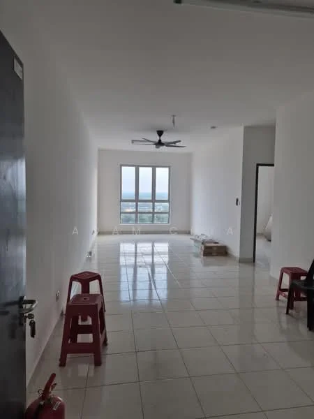 Room features: white painted walls, glossy ceramic tile flooring, 5-blade ceiling fan, floor-to-ceiling windows, natural light from windows, two red plastic stools, cardboard box on floor, black chair; style: modern; view: city.