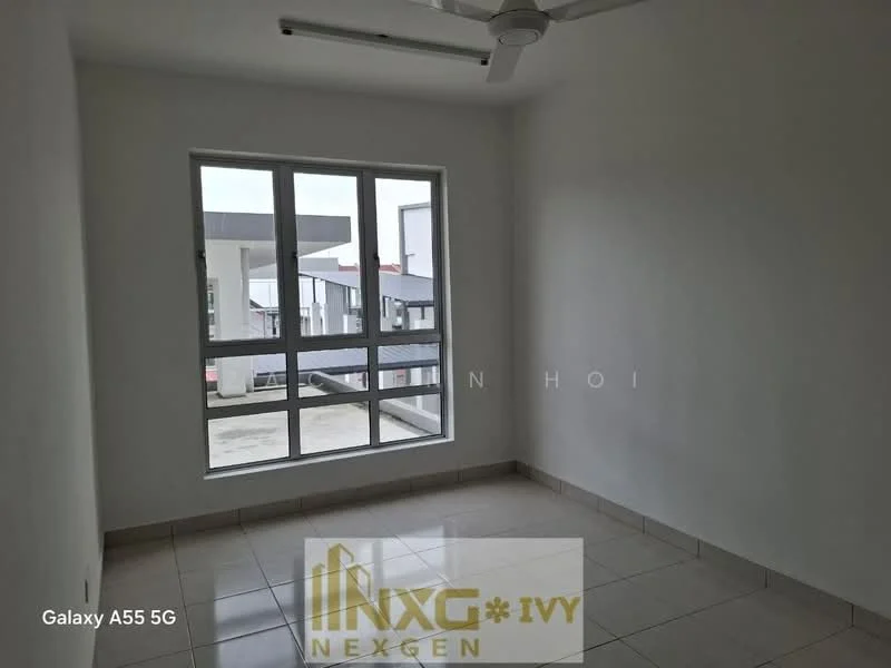 Room features: white painted walls, tile flooring, floor-to-ceiling windows, 4-pane window, ceiling fan.