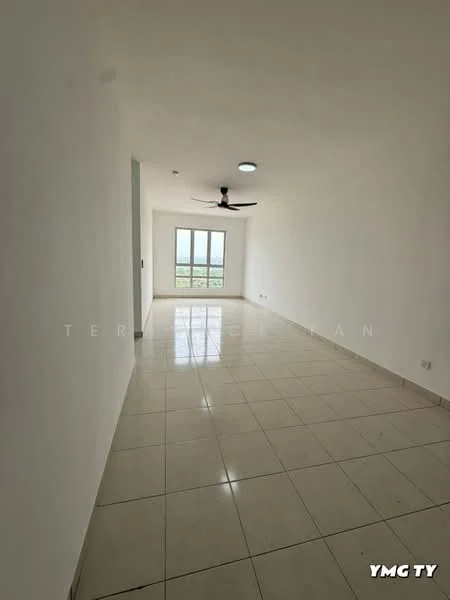 Room features: white painted walls, glossy ceramic tile flooring, 5-blade ceiling fan, recessed LED downlights, floor-to-ceiling windows, city view, neutral color palette, open layout; style: modern; view: city.