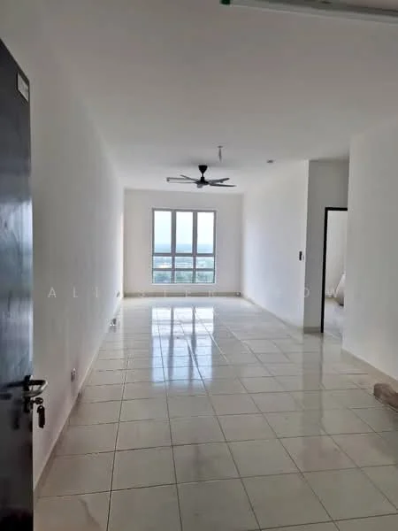 Room features: white painted walls, glossy ceramic tile flooring, 5-blade ceiling fan, floor-to-ceiling windows, city view, neutral color scheme, recessed ceiling lights, open layout; style: modern; view: city.