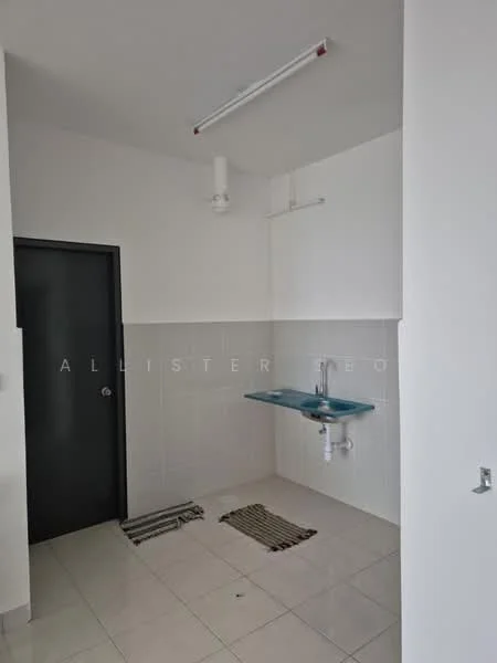Laundry features: white painted walls, glossy white tile flooring, blue countertop, single-bowl stainless-steel sink, wall-mounted faucet, drainage pipe visible, two floor drains, strip lighting, black door, two small rugs.
