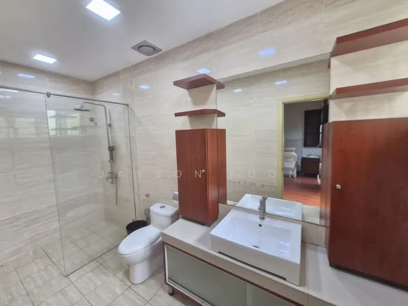 Bathroom features: glass shower enclosure, rain shower head, handheld shower, single-sink vanity with wood cabinet, white ceramic sink, chrome basin mixer faucet, one-piece toilet, wall-mounted shelves, tile cladding on walls, tile flooring, recessed LED downlights, mirror above vanity; style: modern.