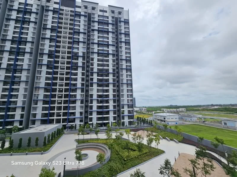 Exterior type: high-rise condominium; features: glass curtain wall, white painted facade, recessed balconies, landscaped garden area, manicured lawn, paved walkway, surrounded by greenery, multiple storeys, modern architectural design; style: modern.