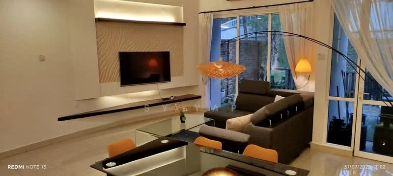Living features: grey fabric sofa, glass coffee table, wall-mounted TV, decorative wall panel with texture, floor-to-ceiling windows, sheer curtains, pendant light, table lamp, light wood flooring, open layout, decorative plant, shelf with decorative items; style: modern; view: garden.