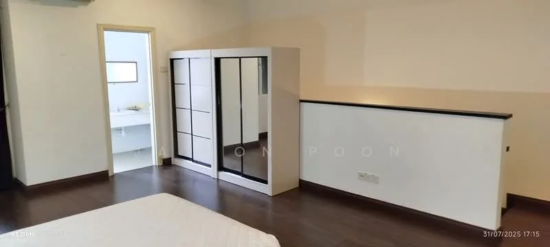 Room features: white walls, dark wood flooring, built-in wardrobe with sliding doors, black countertop, neutral ceiling, window with natural light, doorway leading to another room; style: modern.