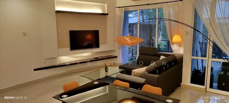 Living features: grey fabric sofa, glass coffee table, TV mounted on wall, wooden TV console, floor-to-ceiling windows, sheer curtains, pendant lamp, arc floor lamp, light wood flooring, decorative wall panel with lighting, dining table with glass top, orange dining chairs; style: modern; view: garden.