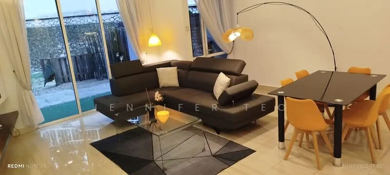 Living features: L-shape sectional sofa in black, glass coffee table, area rug with geometric pattern, dining table with 4 orange chairs, floor-to-ceiling windows, sliding glass door, pendant lamp, recessed downlights, cream painted walls, marble tile flooring; style: modern; view: garden.