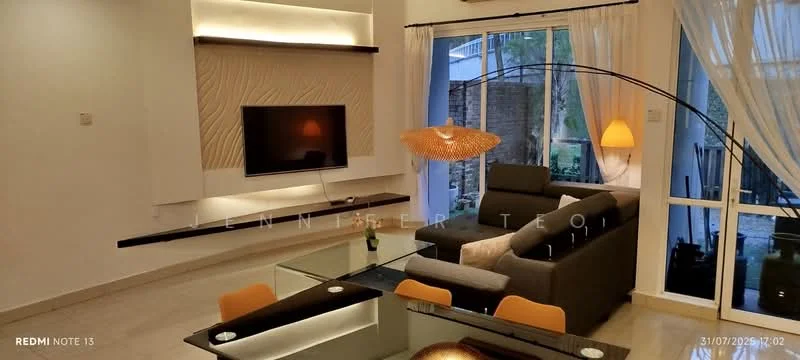 Living features: grey fabric sectional sofa, glass coffee table, TV mounted on wall, wooden TV console, floor-to-ceiling windows, sheer curtains, pendant light fixture, decorative wall paneling, light-colored tiled flooring, area rug, orange dining chairs, dining table with glass top; style: modern; view: garden.