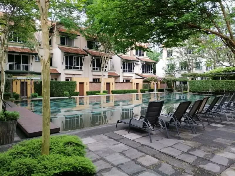 Exterior type: linked terrace house; features: swimming pool, pool deck with loungers, manicured lawn, mature trees, stone-paved walkway, landscaped garden, two-storey linked terrace houses, glass windows, red tiled roof; style: modern.