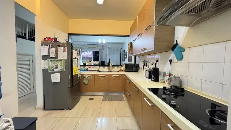 Kitchen features: brown wooden cabinetry, white countertop, stainless-steel sink, chrome pull-down faucet, built-in induction cooktop, stainless-steel range hood, stainless-steel refrigerator, microwave, tile backsplash, ceramic tile flooring, recessed downlights, open shelving, kitchen island, wall-mounted cabinets; style: modern.