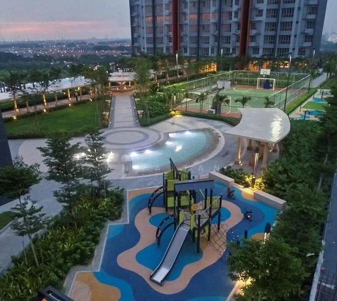 Exterior type: high-rise condominium; features: swimming pool, children's playground with slide, basketball court, landscaped garden, manicured lawn, walking path, outdoor lighting, multi-purpose court, seating areas, tropical landscaping; style: modern.