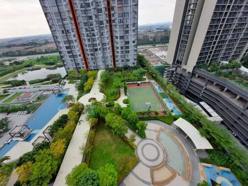 Exterior type: high-rise condominium; features: landscape garden, infinity pool, tennis court, manicured lawn, children's playground, outdoor gym, jogging track, water features, surrounded by mature greenery, multiple levels of landscaping; style: modern.