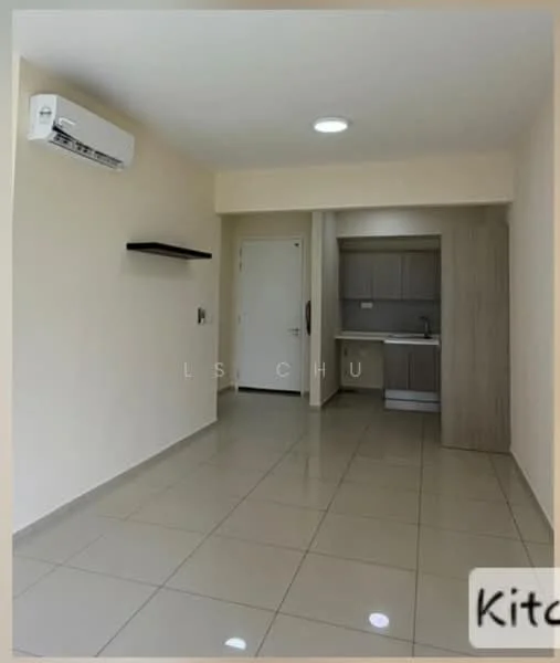 Living features: white painted walls, glossy tile flooring, 1 wall-mounted split AC, recessed downlights, open shelving, door leading to kitchen, neutral color scheme; style: modern. Kitchen features: wood cabinetry, stainless-steel sink, built-in oven, countertop space, kitchen appliances visible; style: modern.