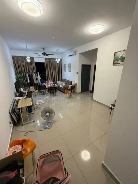 Living features: white painted walls, glossy ceramic tile flooring, recessed downlights, 5-blade ceiling fan, floor-to-ceiling windows with sheer curtains, dining table with chairs, sofa, decorative wall art, open shelving, clothes rack, area rug, fan, decorative plants; style: modern.