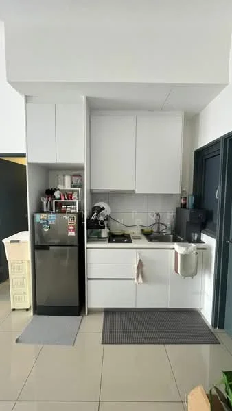 Kitchen features: white cabinetry, stainless-steel fridge, built-in stove, single-bowl stainless-steel sink, chrome pull-down faucet, white tiled backsplash, grey countertop, grey floor tiles, kitchen mat, dish rack, coffee machine, microwave, kettle; style: modern.