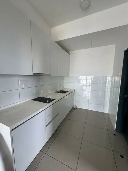 Kitchen features: white cabinetry, flat-panel cabinet doors, light-colored countertop, single-bowl stainless-steel sink, chrome pull-down faucet, white tiled backsplash, grey floor tiles, recessed ceiling lights; style: modern.