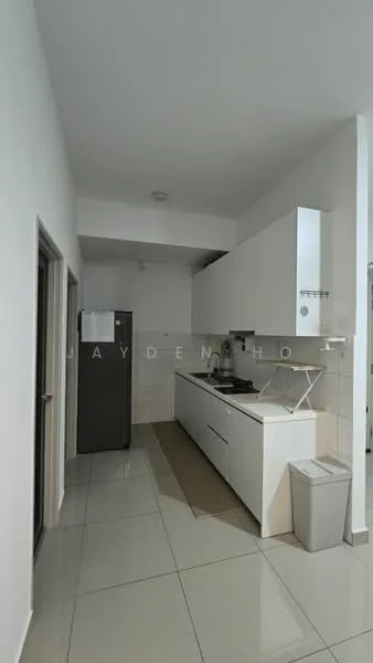 Kitchen features: white cabinetry, marble countertop, stainless-steel sink, chrome pull-down faucet, built-in oven, freestanding range oven, stainless-steel fridge, tile flooring, recessed downlights, wall-mounted cabinets, kitchen island, open shelving, waste bin, neutral wall color, pantry area; style: modern.