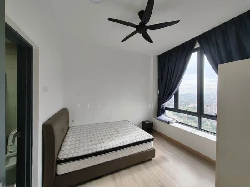 Bedroom features: queen-size bed, upholstered headboard, floor-to-ceiling windows, blackout curtains, wooden flooring, ceiling fan with light, nightstand, city view; style: modern; view: city.