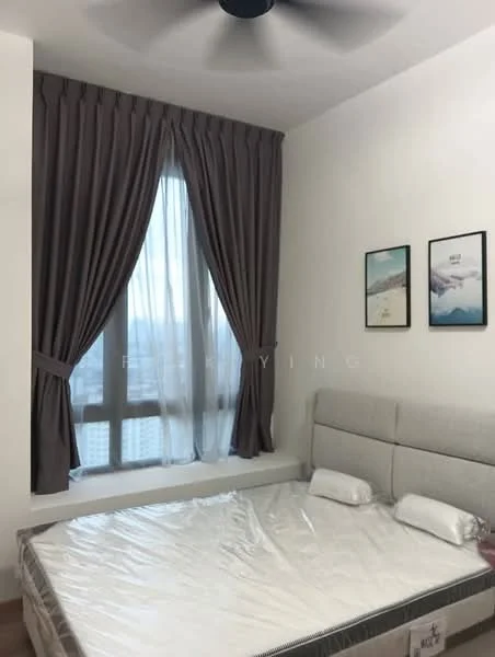 Bedroom features: queen-size bed, upholstered headboard, 2 bedside pillows, floor-to-ceiling window, sheer curtains, dark grey curtains, wall-mounted artwork, light-colored walls, ceiling fan; style: modern; view: city.