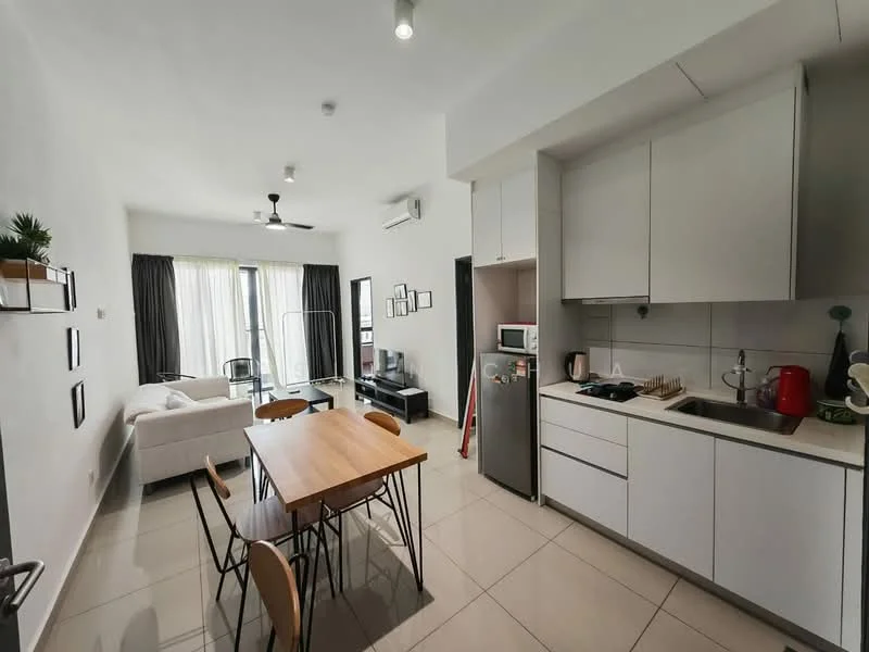 Kitchen features: white cabinetry, stainless-steel fridge, built-in oven, ceramic cooktop, single-bowl stainless-steel sink, chrome pull-down faucet, grey tiled backsplash, countertop with space for appliances, recessed downlights, wall-mounted split AC; style: modern. Living features: 3-seater fabric sofa in white, coffee table, TV console, wall-mounted TV, floor-to-ceiling windows with sheer curtains, area rug, ceiling fan; style: modern. Dining features: wood dining table, 4 dining chairs, decorative wall art; style: modern.