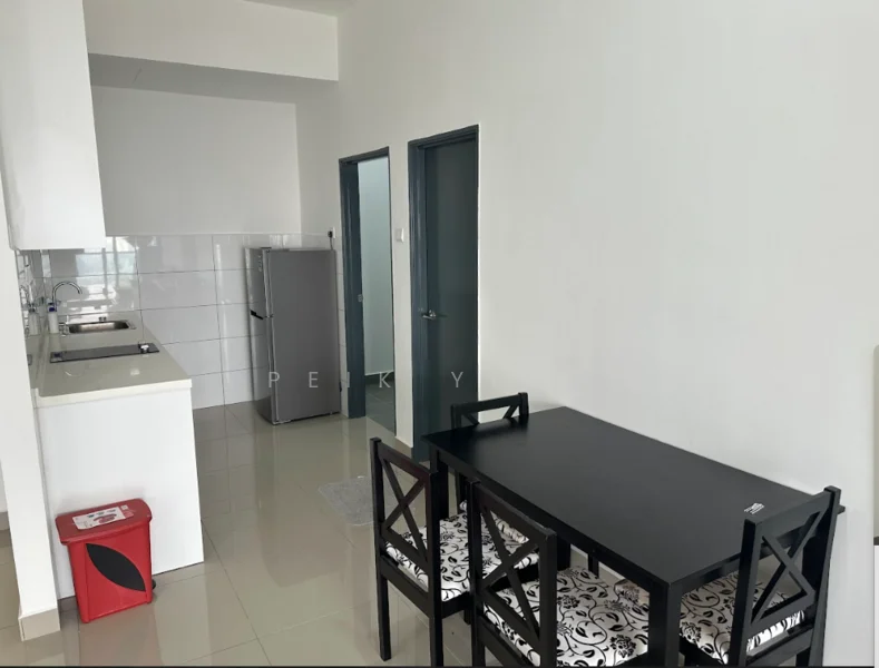 Kitchen features: white cabinets, black dining table, 4 dining chairs with patterned upholstery, stainless-steel fridge, white countertop, built-in stove, white tiled backsplash, grey floor tiles; style: modern.