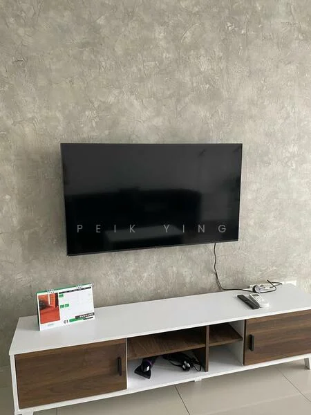 Living features: wall-mounted TV, white TV console, wooden storage cabinets, grey textured wall, remote control, calendar on console, neutral tile flooring; style: modern.