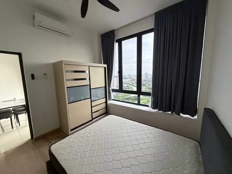 Bedroom features: queen-size bed, upholstered headboard, built-in wardrobe with sliding doors, floor-to-ceiling windows, grey curtains, wooden flooring, 1 wall-mounted split AC, ceiling fan, decorative wall art, mattress on bed frame; style: modern; view: city.
