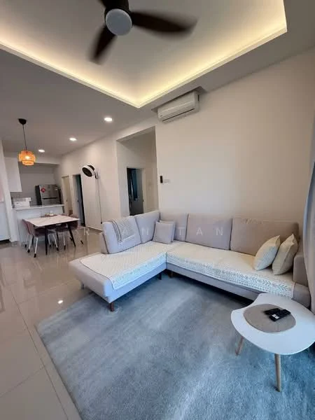 Living features: L-shape sectional sofa in light grey, area rug in light grey, ceiling with recessed lighting, 5-blade ceiling fan, wall-mounted air conditioning unit, light fixture with pendant lamp, coffee table, decorative cushions, plastered white walls, glossy tile flooring; style: modern. Dining features: 6-seater dining table, wooden dining chairs, open layout to living area; style: modern.