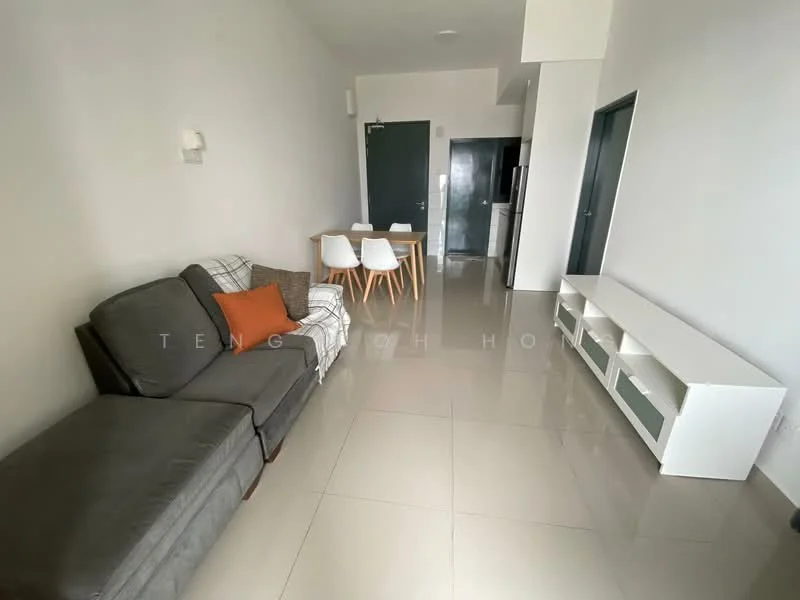 Living features: grey fabric sofa, plaid throw blanket, white dining table, 3 white dining chairs, white TV console, glossy tile flooring, white painted walls, recessed lighting, doorway to kitchen, open layout; style: modern.