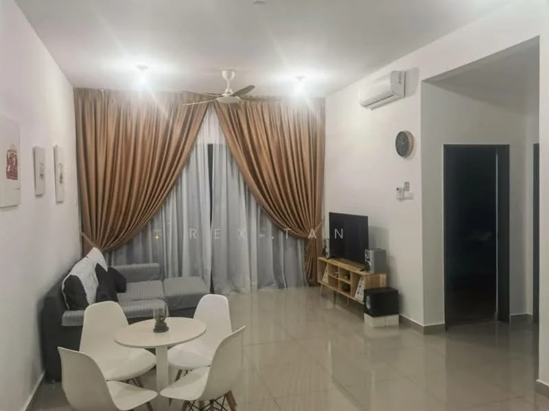 Living features: grey fabric sectional sofa, round dining table with four chairs, wall-mounted TV, wooden TV console, floor-to-ceiling windows with sheer curtains, brown drapes, recessed downlights, polished ceramic tile flooring, air conditioning unit on wall, decorative wall clock; style: modern.