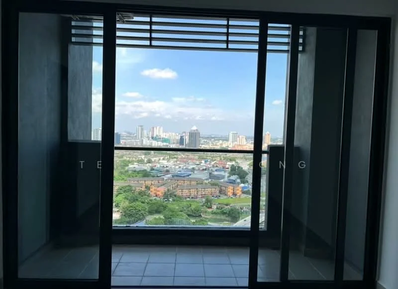 Room features: floor-to-ceiling sliding glass doors, grey walls, tile flooring, city skyline view, balcony space; style: modern; view: city.