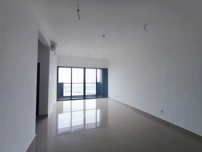 Living features: white painted walls, polished ceramic tile flooring, floor-to-ceiling windows, sliding glass door, recessed downlights, open layout, city view, neutral color scheme; style: modern; view: city.