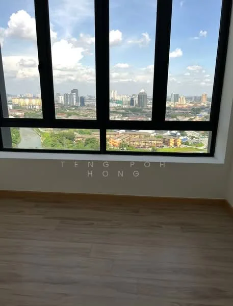 Room features: floor-to-ceiling windows, city skyline view, light wood flooring, white painted walls; style: modern; view: city.