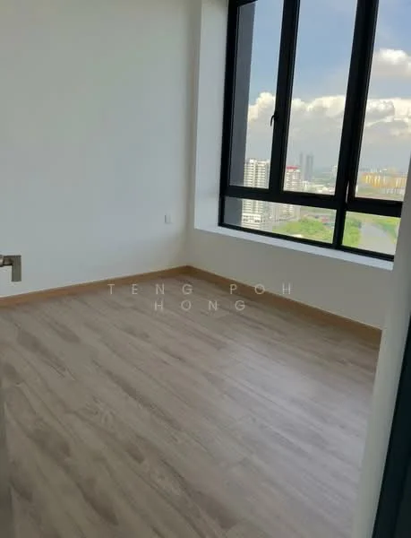 Room features: laminate flooring, white painted walls, floor-to-ceiling windows, city view, natural light, corner room, baseboards, no visible furniture; style: modern; view: city.