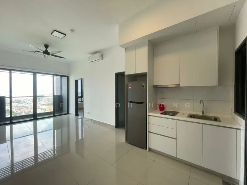 Kitchen features: white cabinetry, stainless-steel fridge, single-bowl stainless-steel sink, chrome pull-down faucet, white tiled backsplash, ceramic tile flooring, recessed downlights, floor-to-ceiling windows, open layout to living area, ceiling fan; style: modern; view: city. Living features: ceramic tile flooring, floor-to-ceiling windows, recessed downlights, ceiling fan; style: modern; view: city.