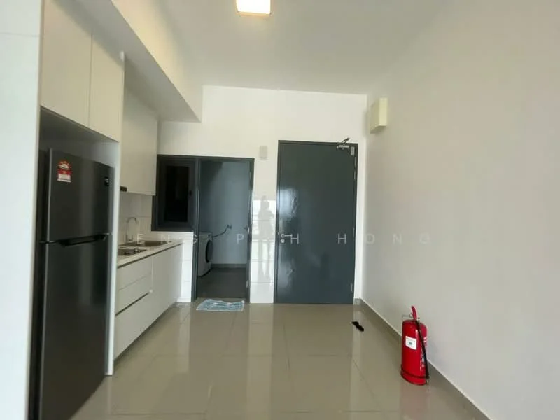 Kitchen features: white cabinetry, stainless-steel fridge, stainless-steel sink, single-bowl stainless-steel sink, chrome pull-down faucet, ceramic tile flooring, recessed downlights, grey door, fire extinguisher, window, countertop, kitchen island; style: modern.