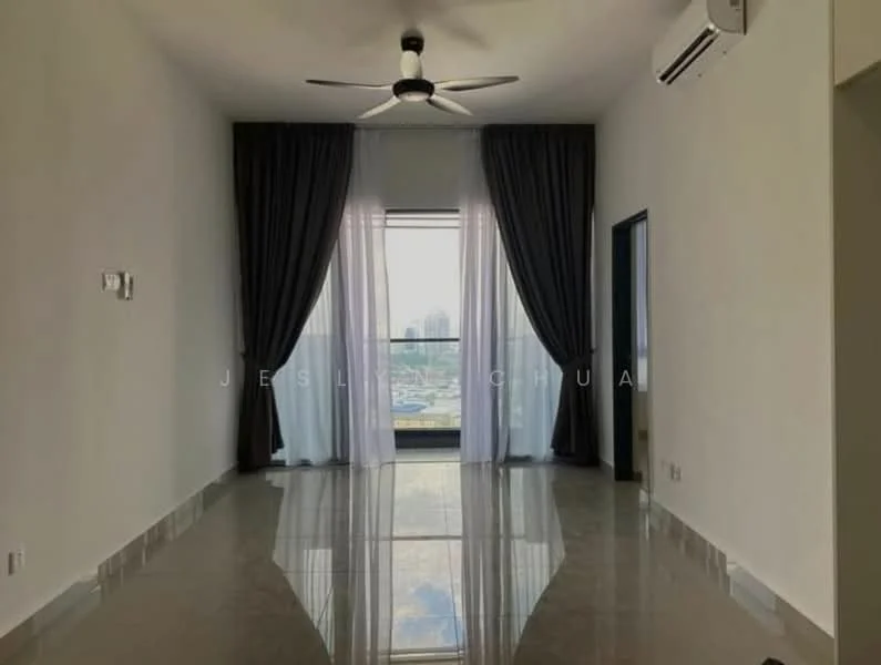 Room features: white painted walls, polished marble flooring, 5-blade ceiling fan, floor-to-ceiling windows, sheer curtains, blackout curtains, wall-mounted split AC, city view; style: modern; view: city.