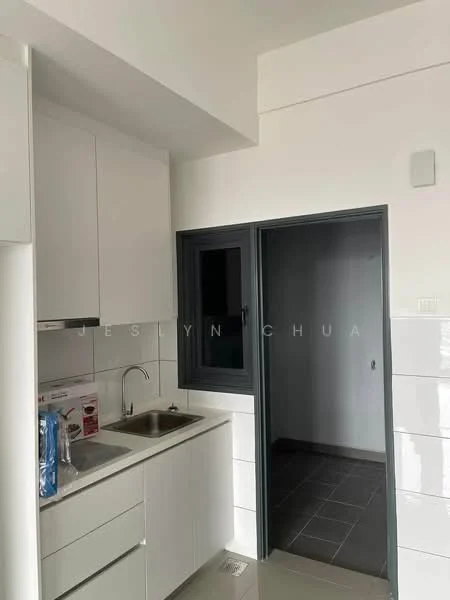 Kitchen features: white cabinetry, stainless-steel sink, chrome pull-down faucet, white tiled backsplash, grey floor tiles, built-in oven, microwave, refrigerator, window with black frame, light fixture on ceiling, countertop with integrated storage; style: modern.