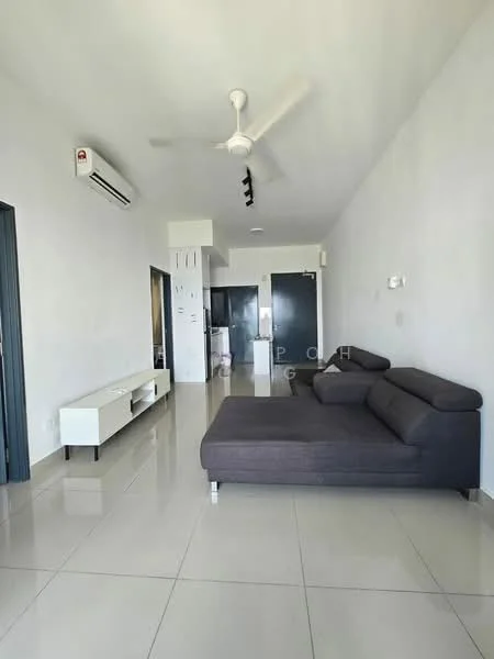 Living features: 3-seater fabric sofa in dark grey, white TV console, wall-mounted TV, floor-to-ceiling windows, sliding glass door, 5-blade ceiling fan with light, wall-mounted split AC, glossy tile flooring, white painted walls, recessed downlights; style: modern.